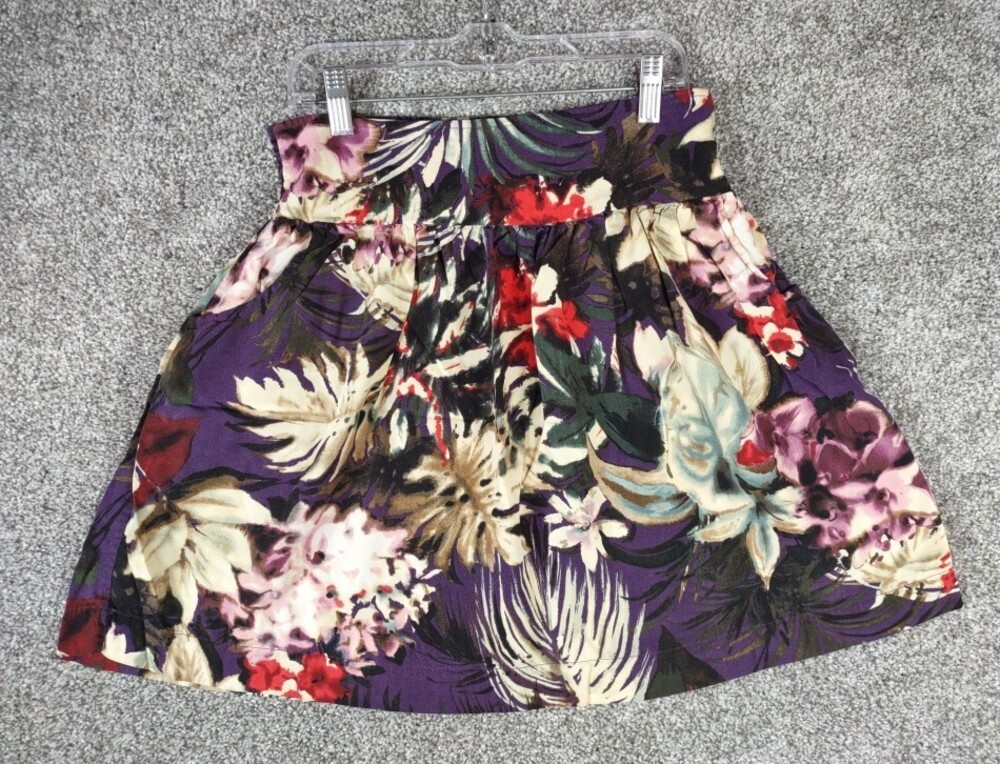 LUCKY BRAND Skirt Women Purple Tropical Floral Print A-Line Full Elastic Smocked